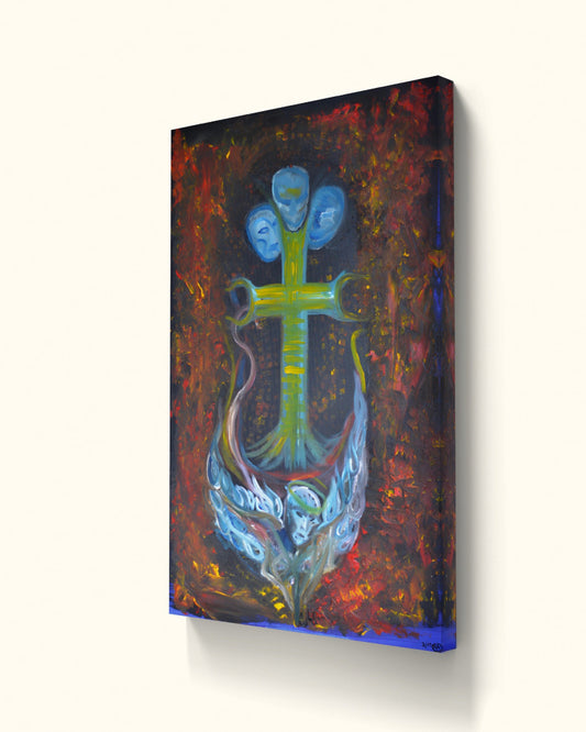 Angled view of ocean themed anchor painting with skulls.