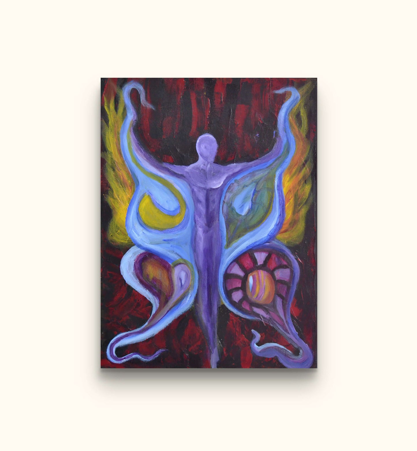 Purple man figure with wings on beige wall.