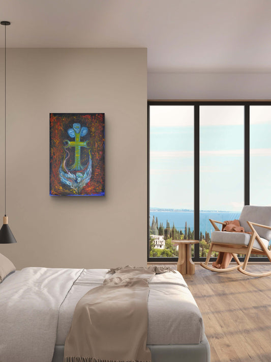 Ocean anchor painting with skulls on beige wall in bedroom next to ocean view window.