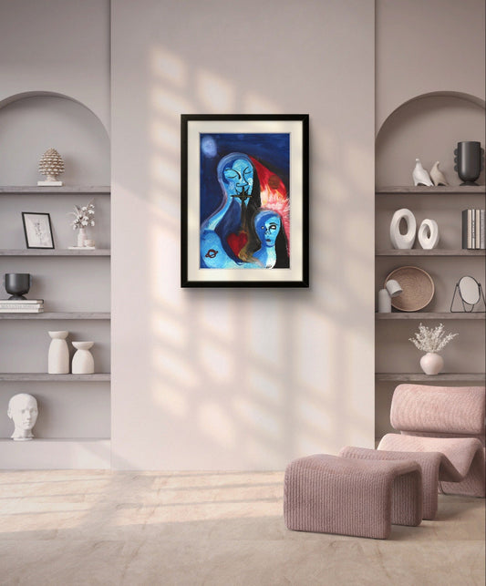 Framed dreamy blue painting on off-white wall behind pink chair in between bookshelves.