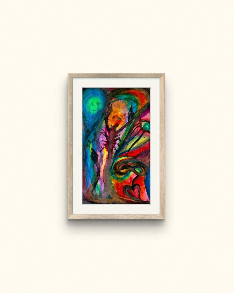 Wooden framed scorpion painting on beige wall.