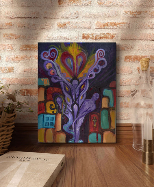 Three purple souls on wooden table in front of brick wall.