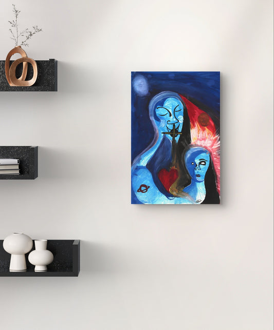 Blue man and woman painting on white wall next to black shelves.