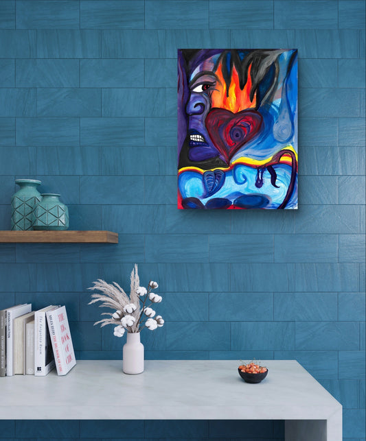 Man and woman painting on blue wall above white table.