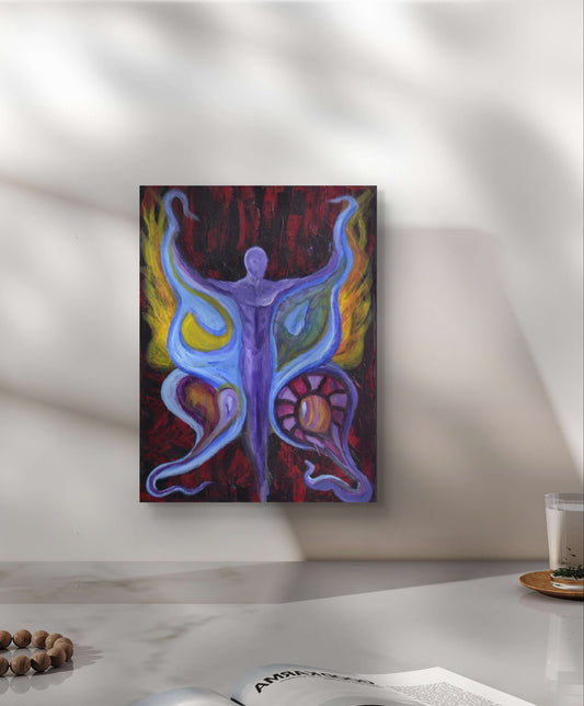 Purple winged man figure on white wall above grey counter.