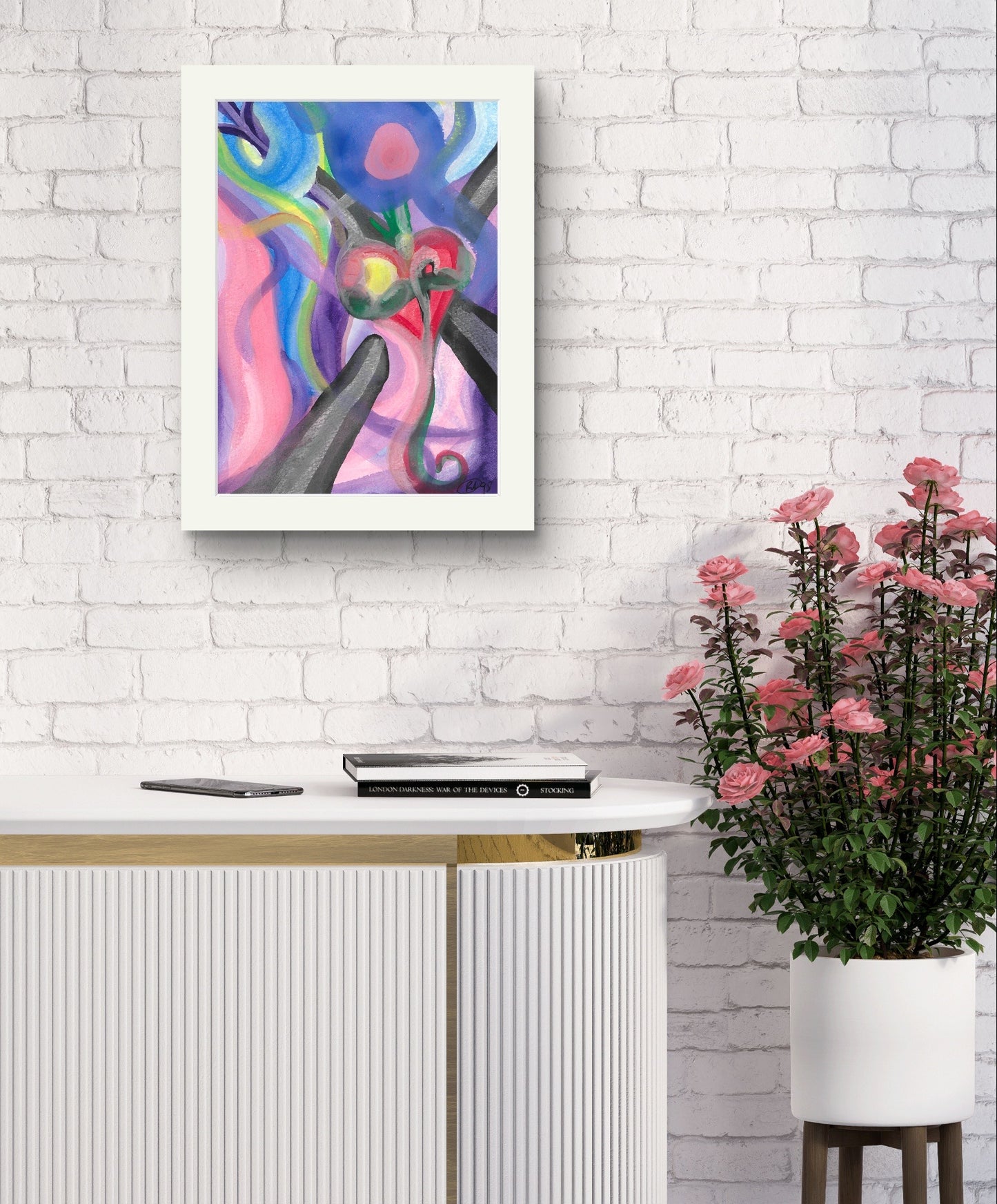 Bordered heart print above pink flowers.