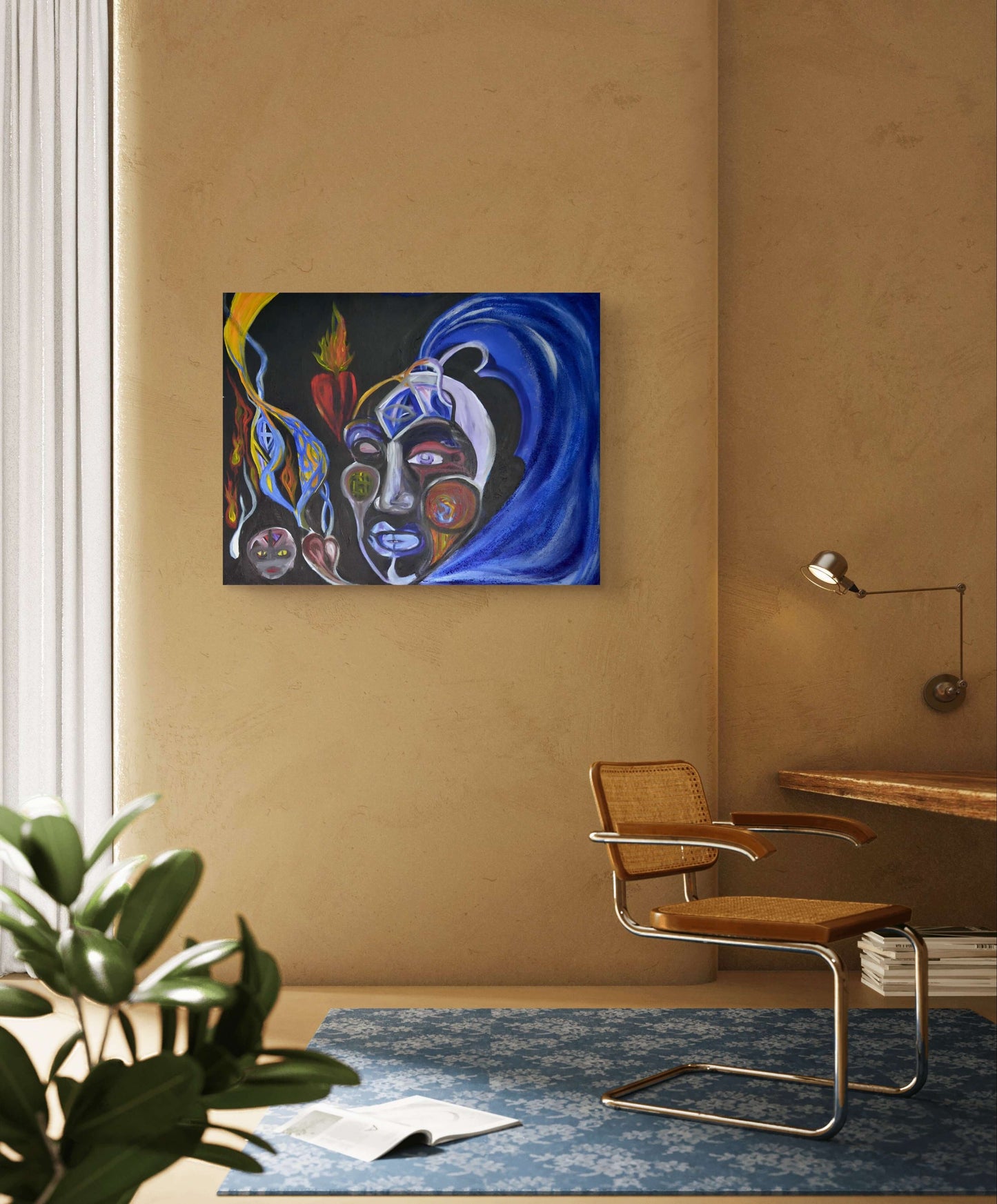 Mystical man painting on yellow wall above blue rug and yellow chair.