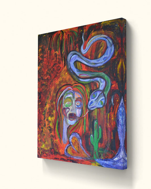 Angled view of distorted desert woman with cactus and blue snake painting