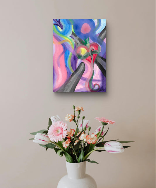 Heart painting on brown wall behind flower vase.