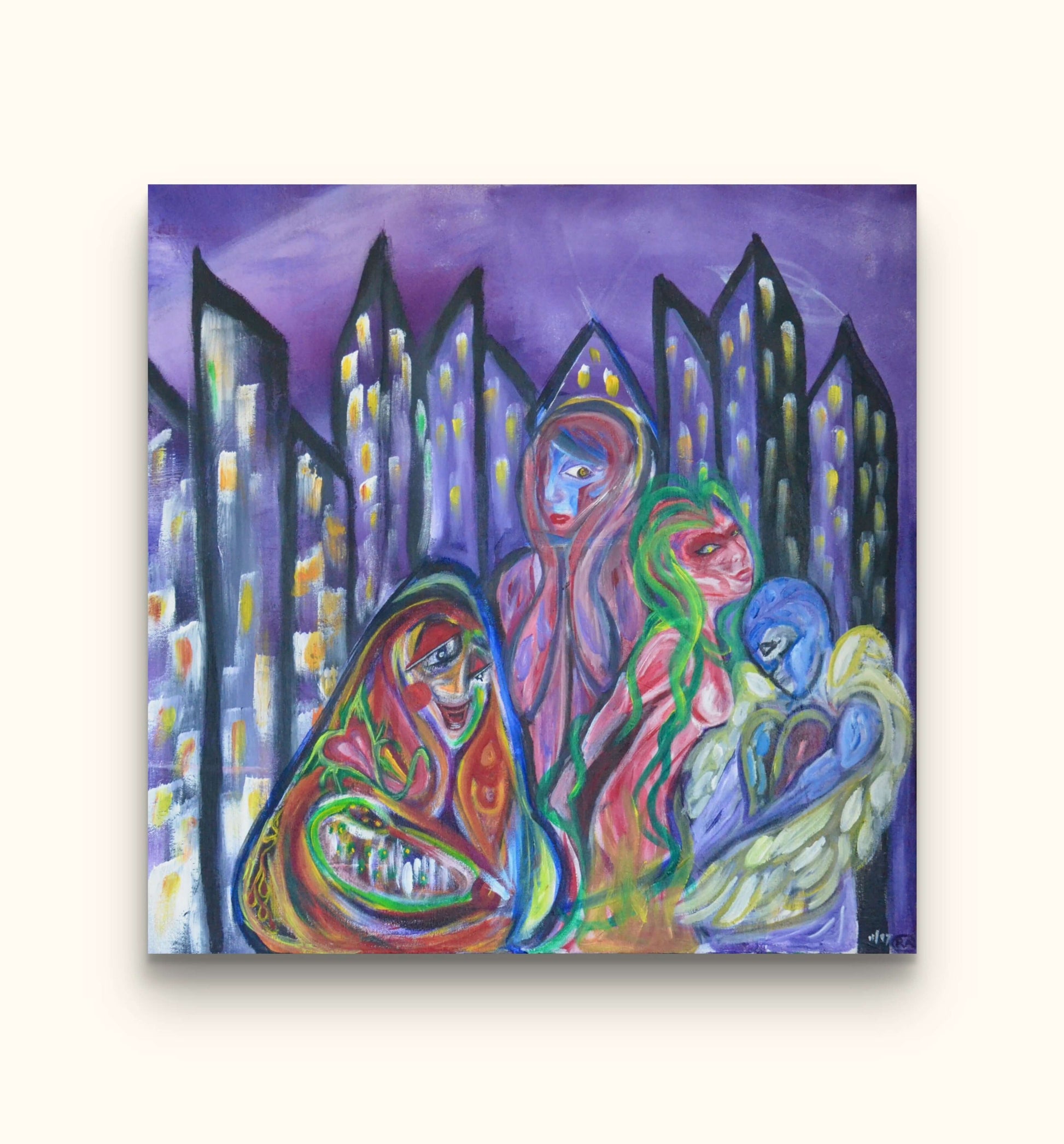 Purple painting of souls and city skyline on beige wall.