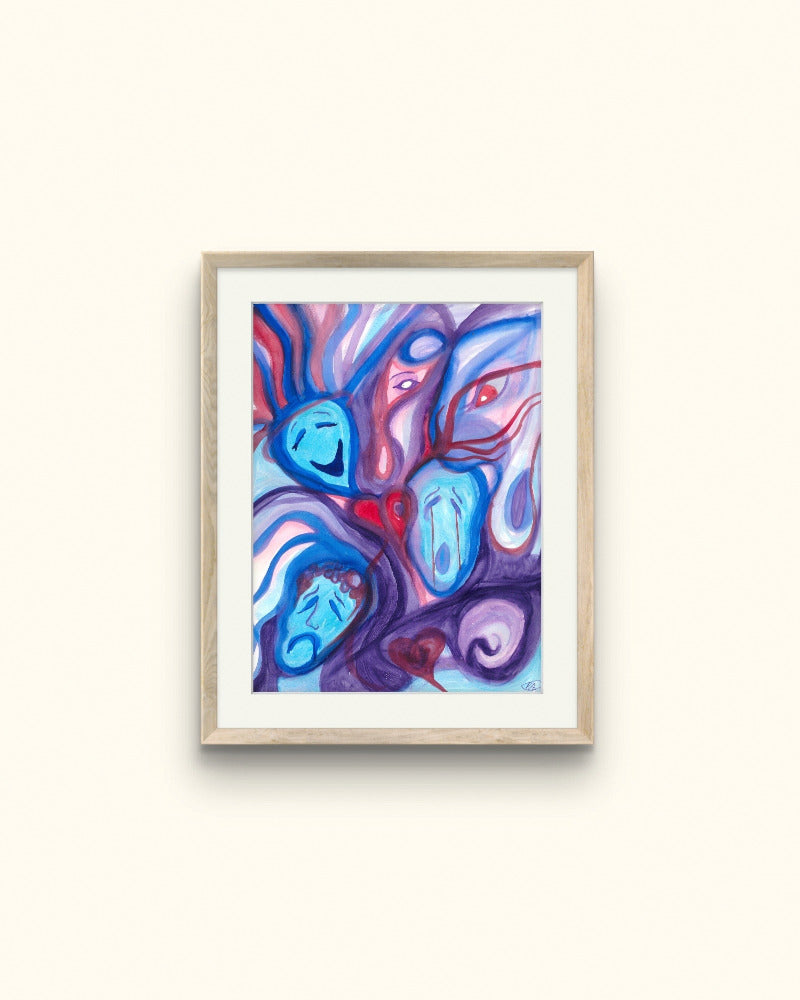 Wooden framed blue face painting.