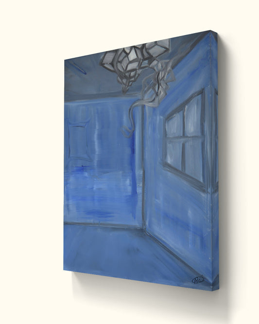 Angled view of blue room canvas painting with grey entity on beige wall.