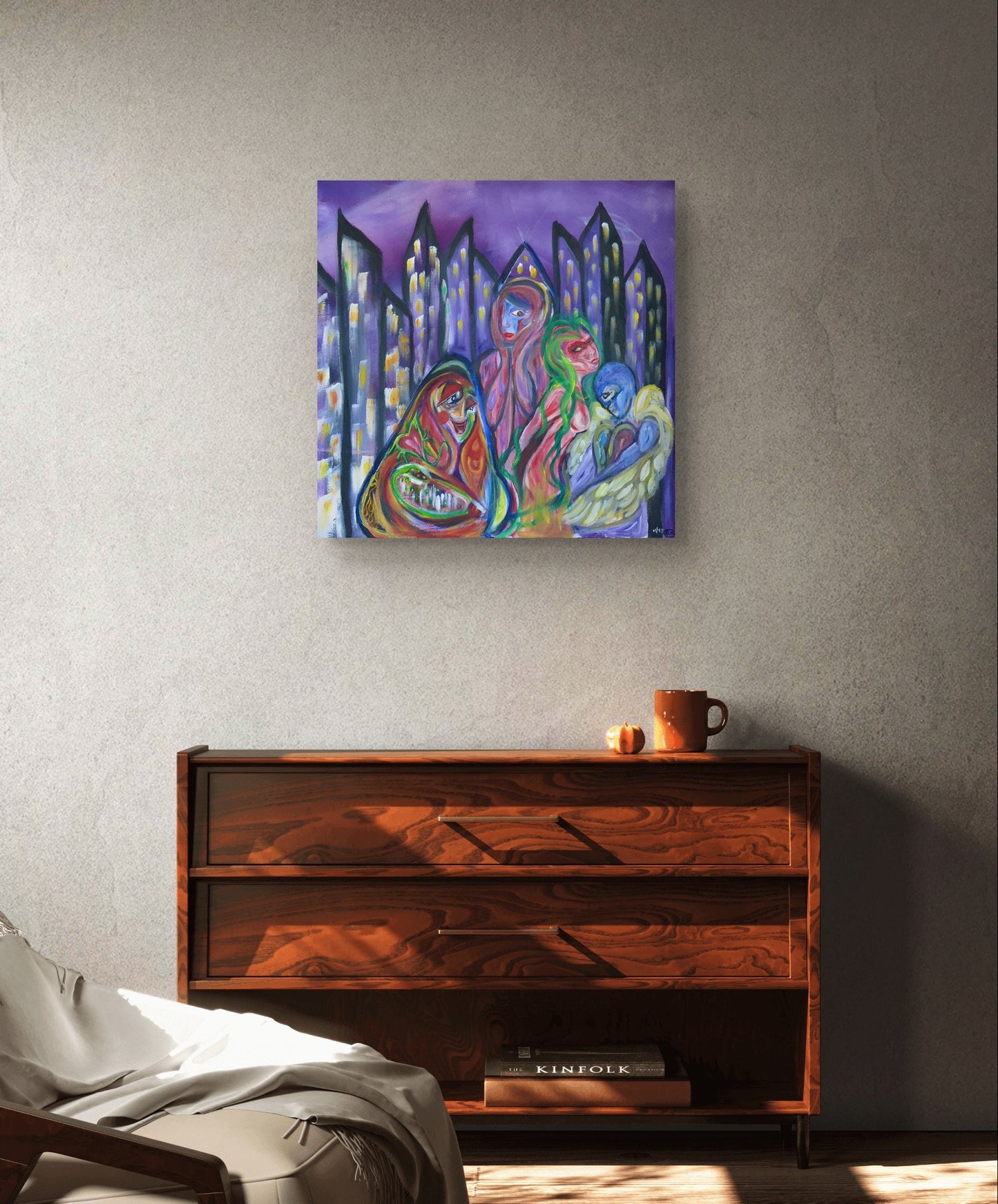 Purple painting of figures on grey wall above wooden dresser.