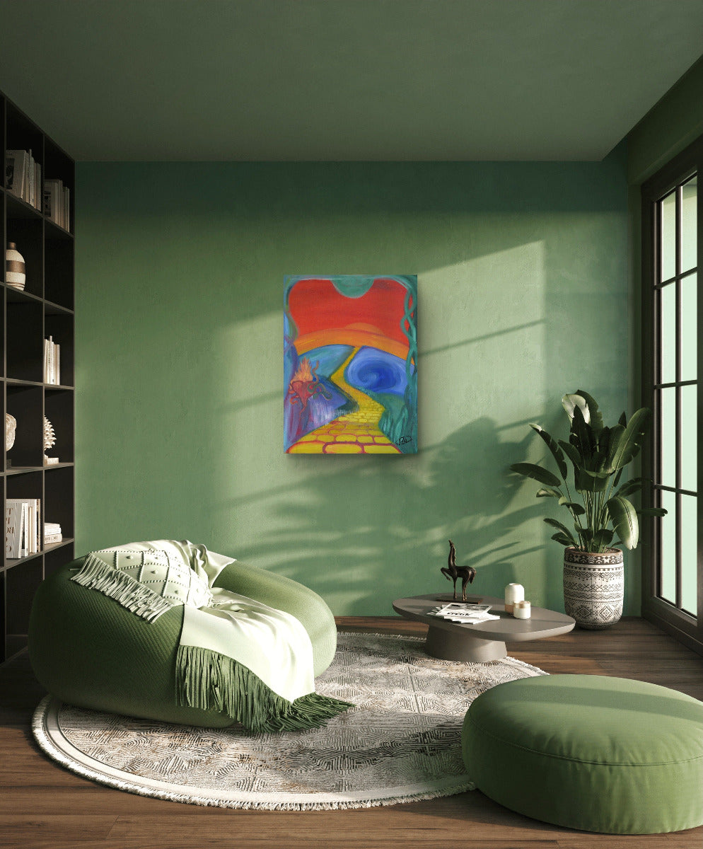 Fantasy painting with sunset and yellow brick road on green wall behind green beanbag, pillow, and rug next to a bookcase.