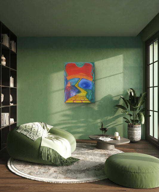 Fantasy painting with sunset and yellow brick road on green wall behind green beanbag, pillow, and rug next to a bookcase.
