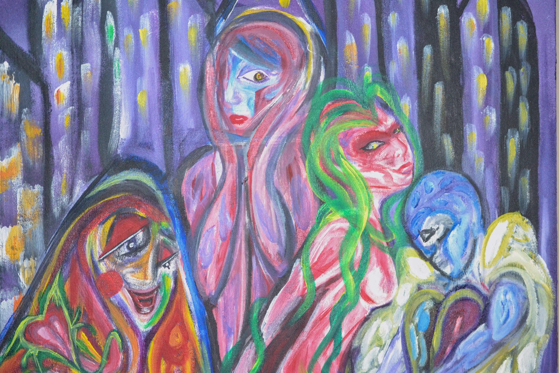 Closeup of souls and city buildings in painting.