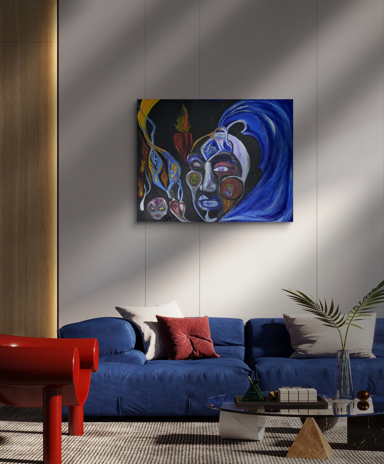 Painting of blue haired genie on white wall behind blue couch, red chair, and plant.