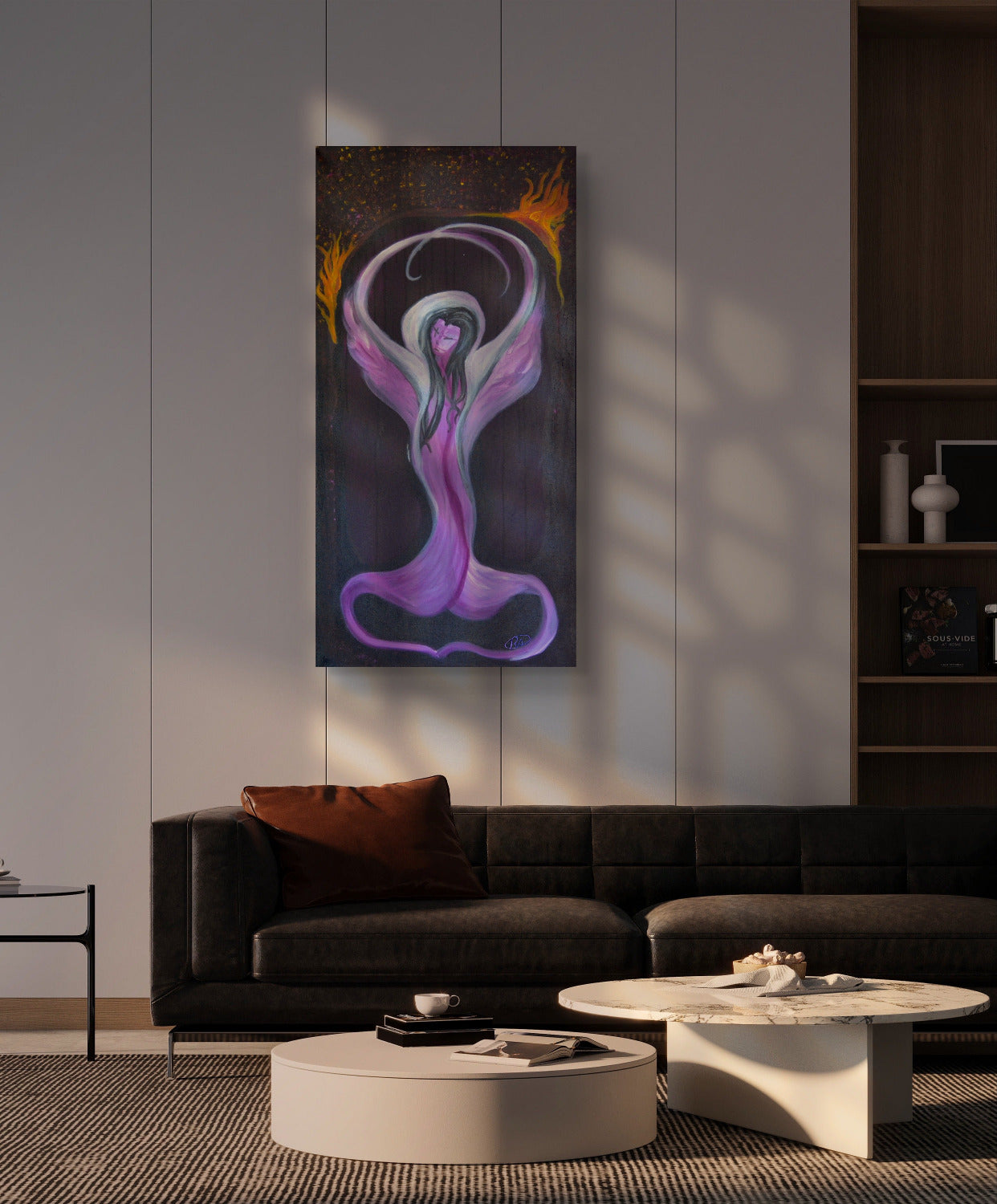 Painting of purple woman on white wall above black couch and white table.