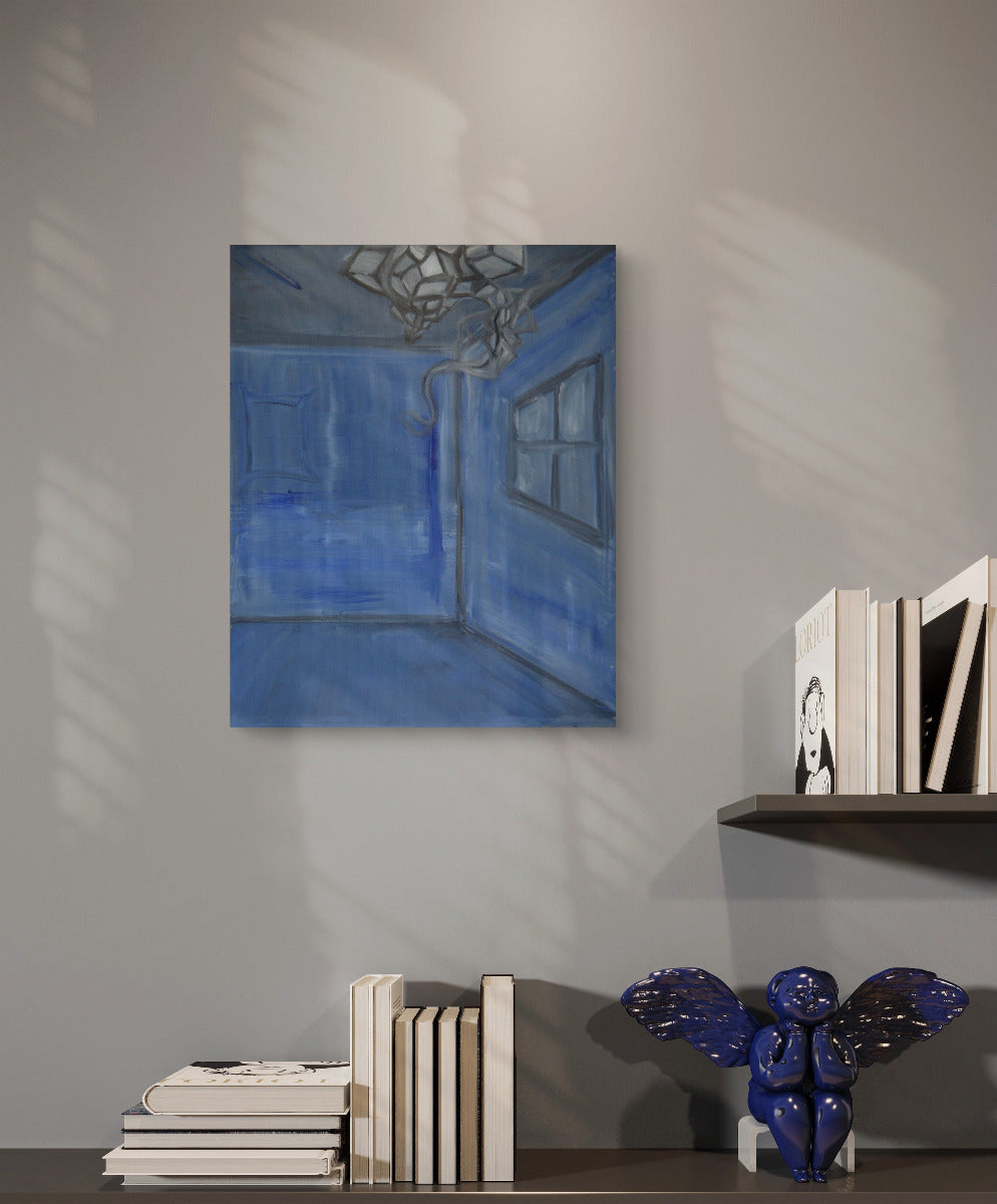 Blue room unknown grey entity painting on grey wall above wooden table, bookshelves, and blue angel.