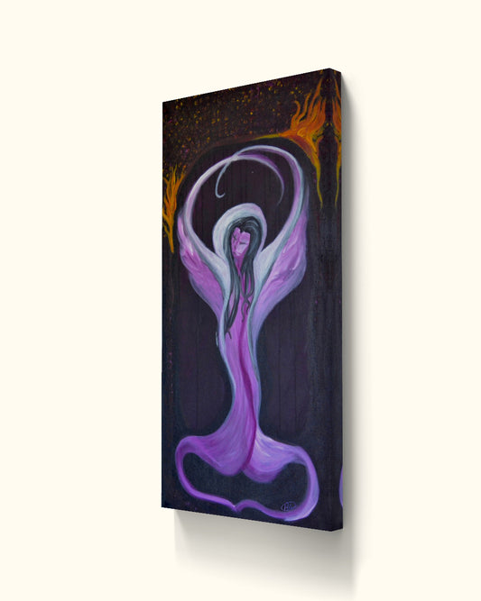 Angled view of purple figure painting on beige wall.