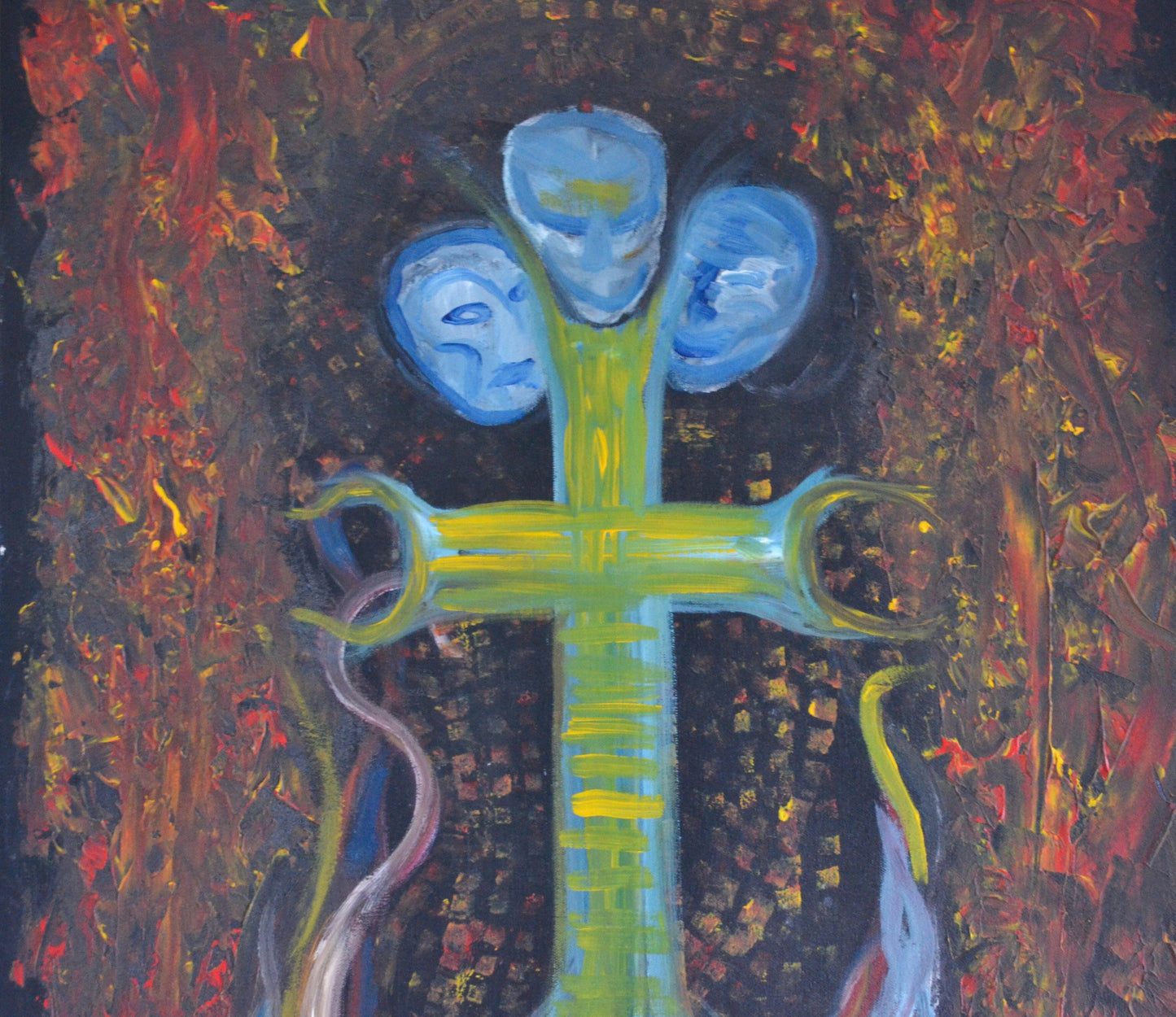 Ocean painting with cross shaped anchor and skulls.