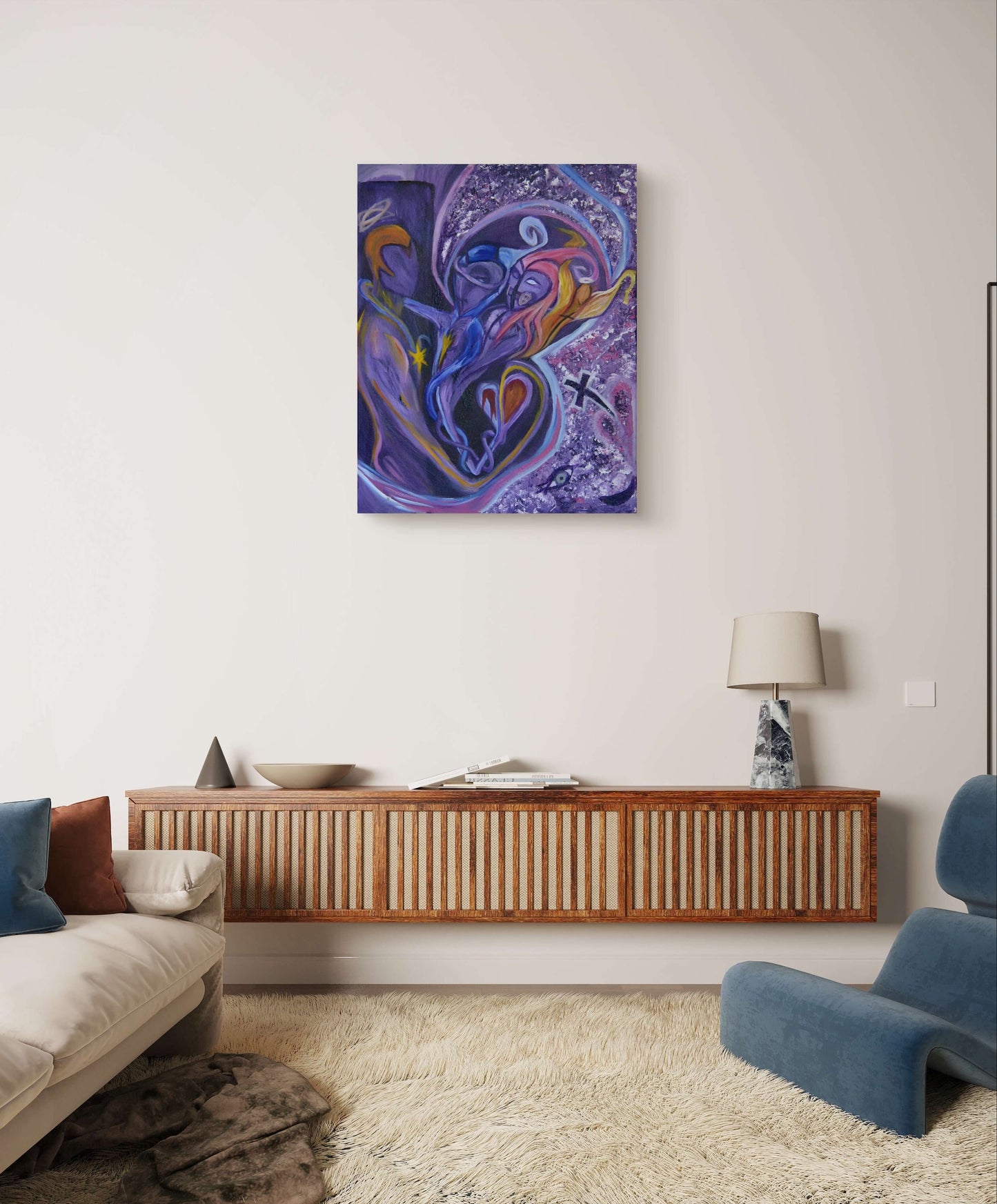 Purple painting on white wall above floating wooden table behind blue chair.