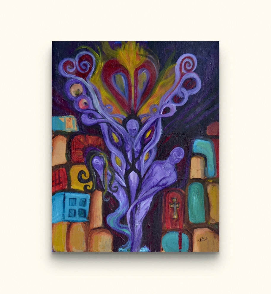 Painting of three purple souls intertwined with burning heart on beige wall.