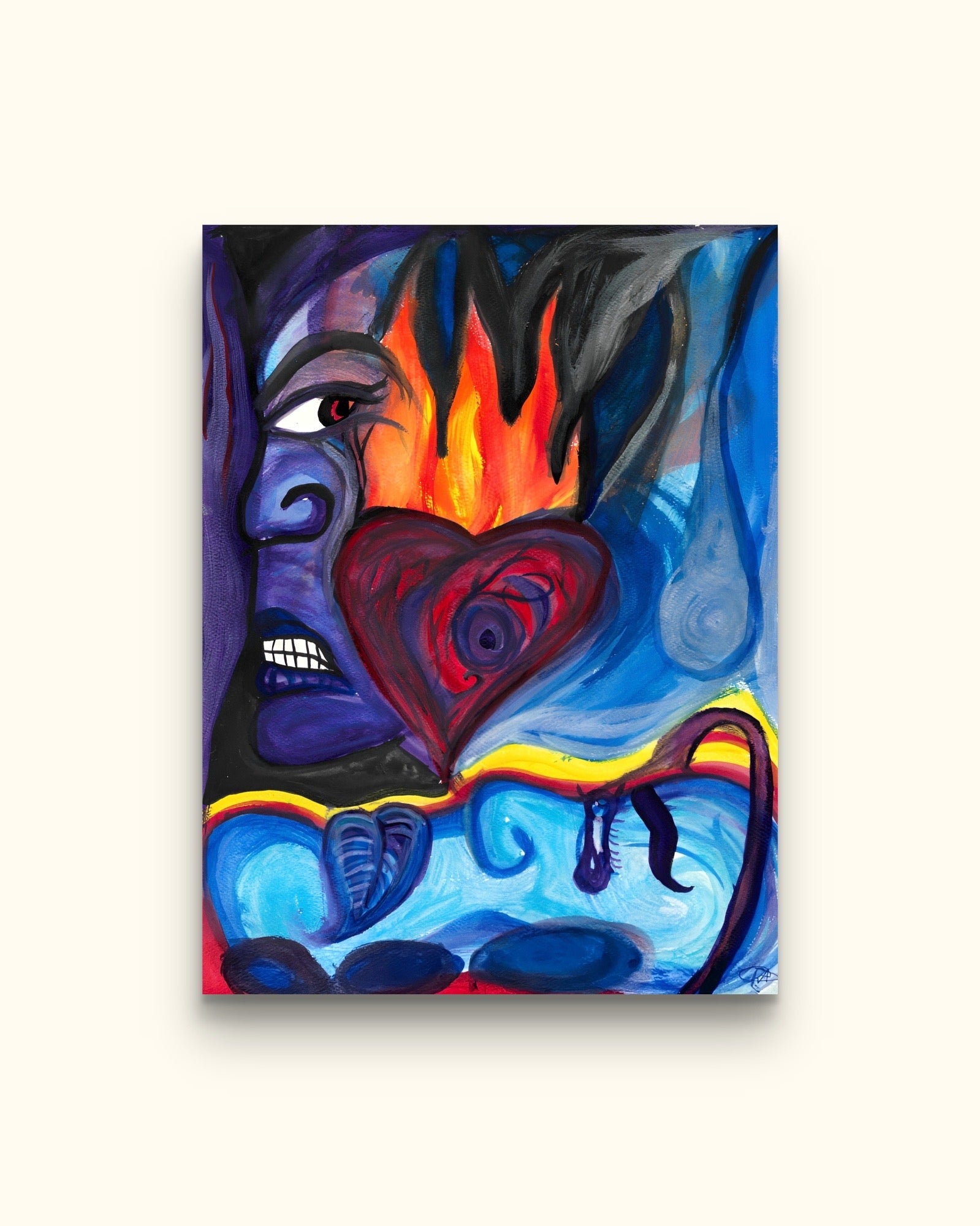 Painting of man and woman faces with burning heart on beige wall.