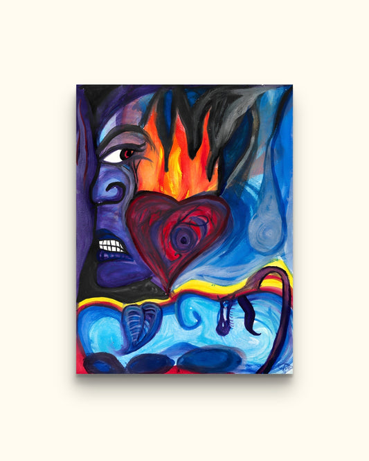 Painting of man and woman faces with burning heart on beige wall.