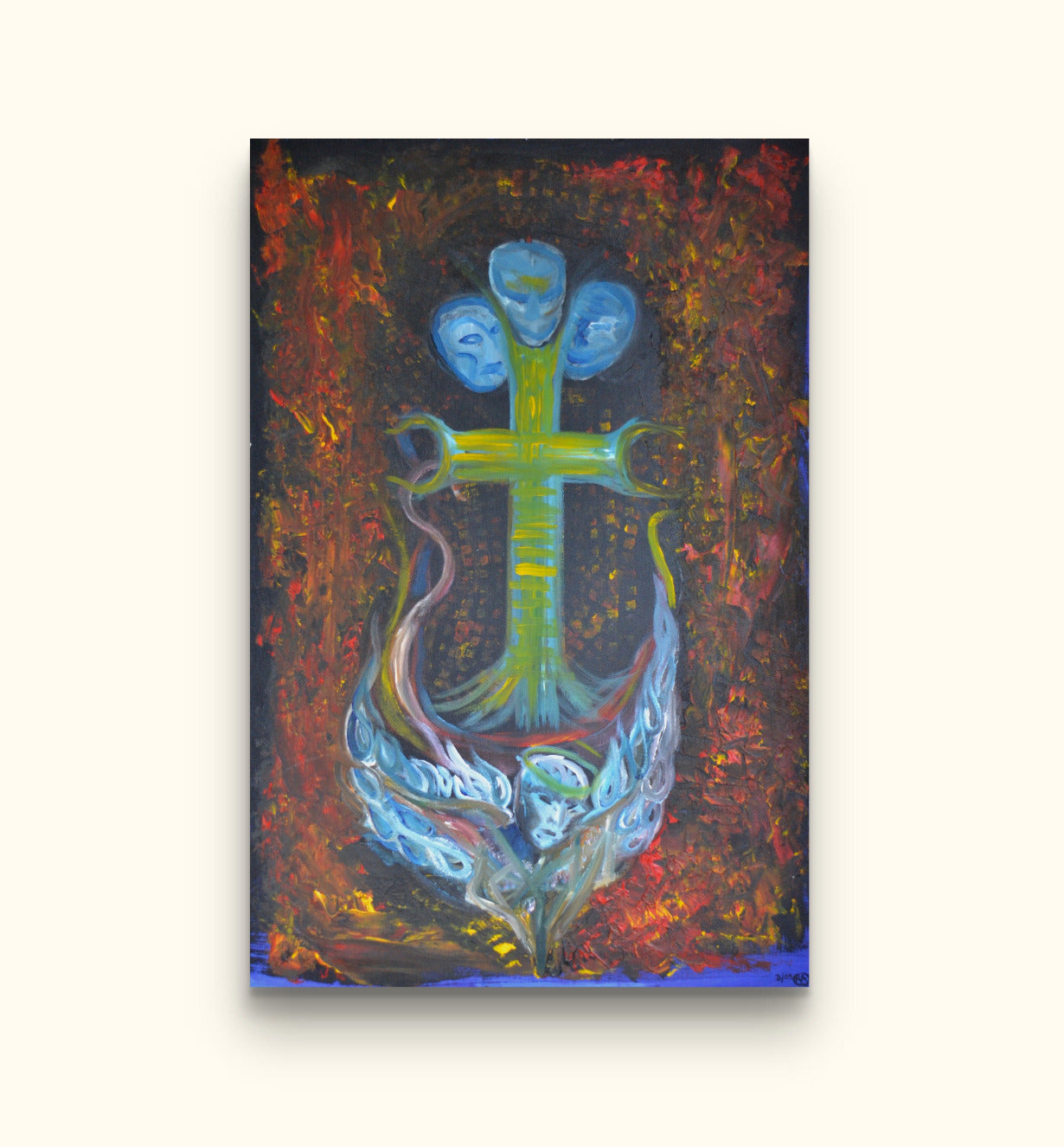 Nautical themed painting of three skulls on a cross-shaped anchor on beige wall.