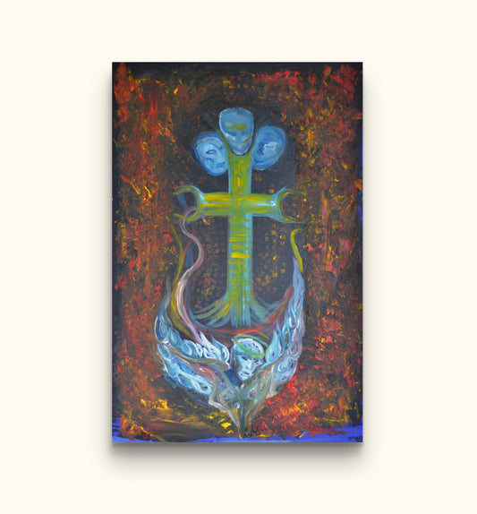 Nautical themed painting of three skulls on a cross-shaped anchor on beige wall.