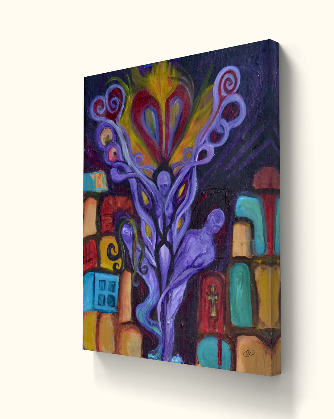 Angled view of painting with purple souls and burning heart.
