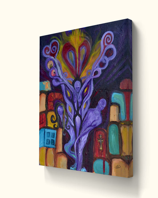 Angled view of painting with purple souls and burning heart.