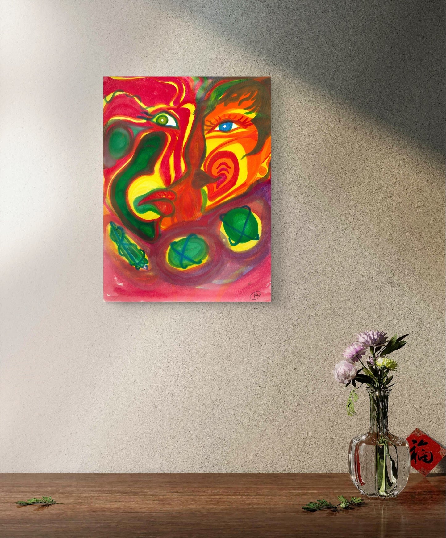 Red painting of man and woman on grey wall next to flowers.