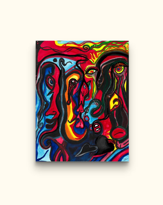 Colorful faces painting on beige wall.