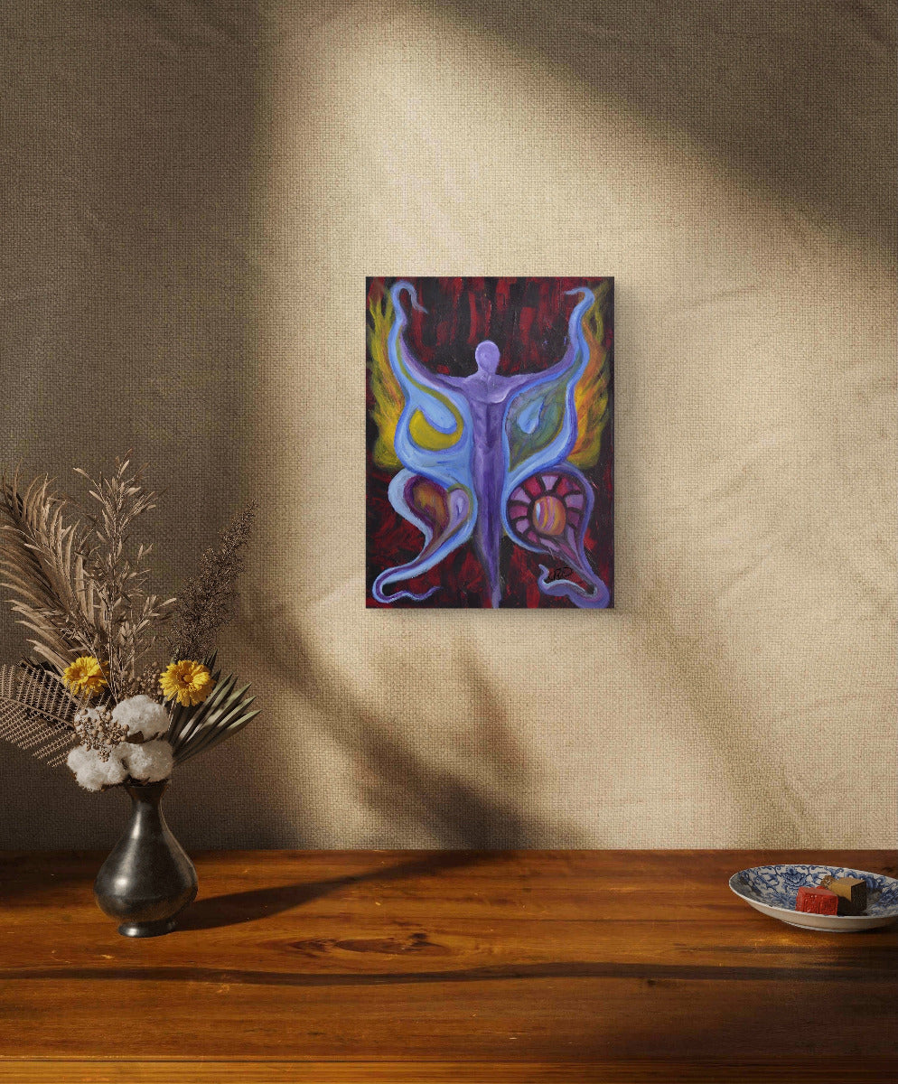 Painting of butterfly figure on beige wall behind wooden table next to flower vase.