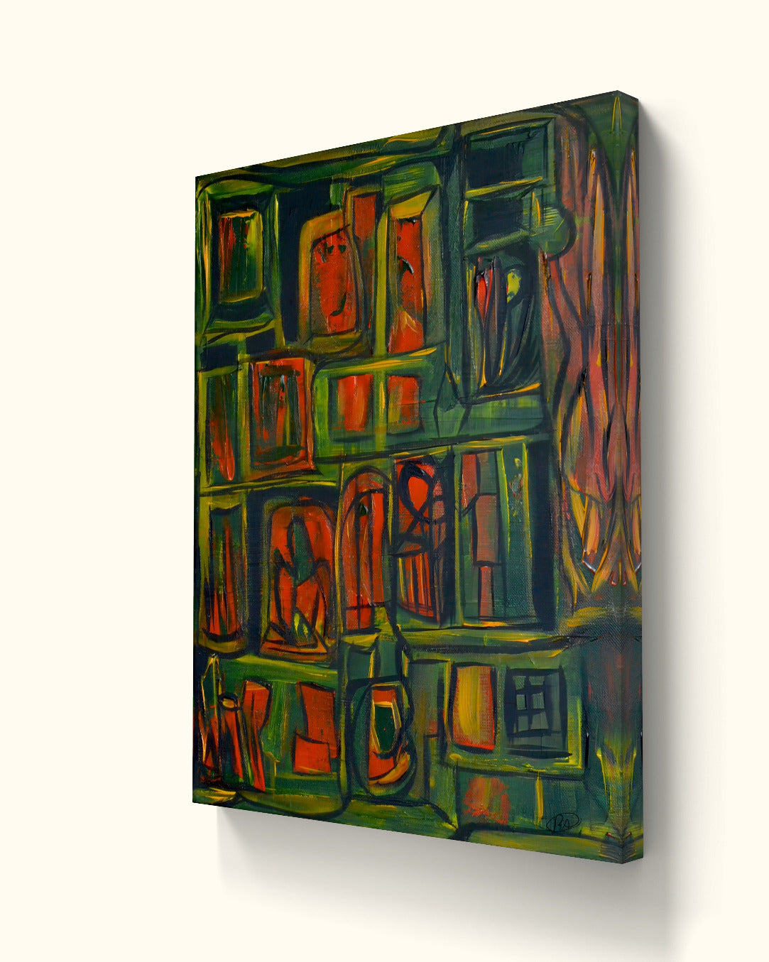 Angled view of green and orange fluid room painting with lion on beige wall.