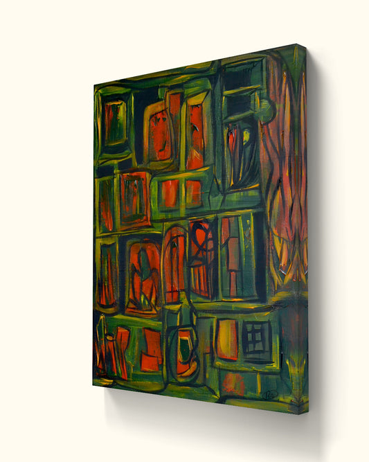 Angled view of green and orange fluid room painting with lion on beige wall.