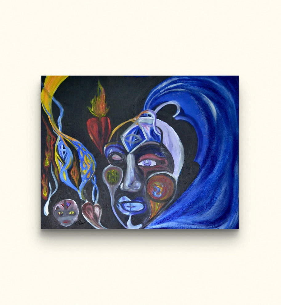 Painting of man face with blue ponytail and burning heart.