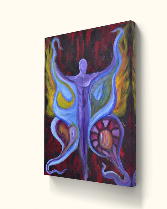 Angled view of purple butterfly figure with heart and flames on beige wall.