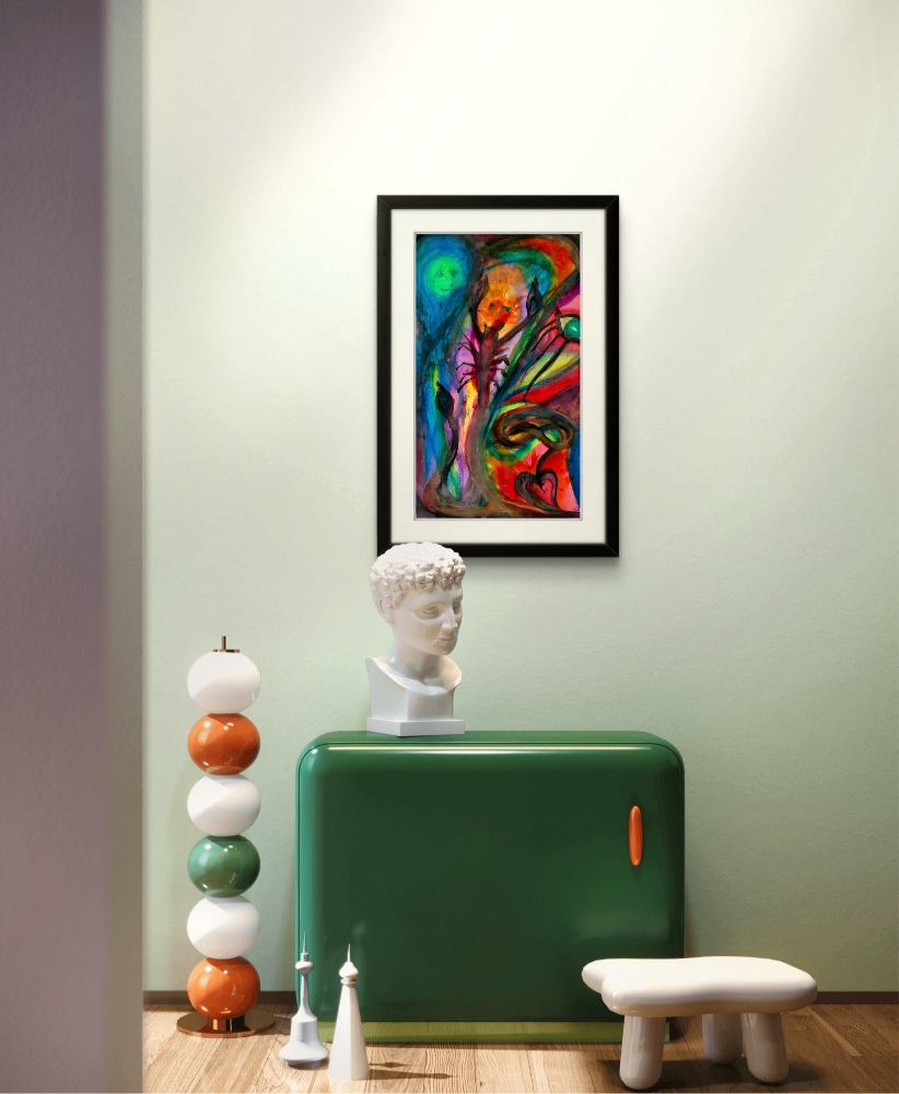 Black framed scorpion painting behind bust of statue on green table.