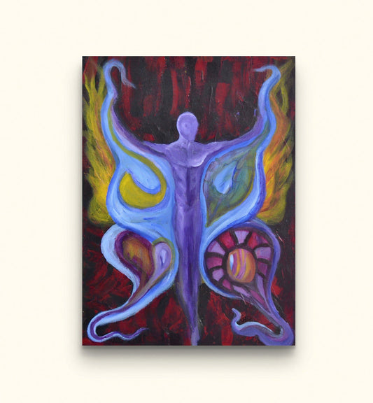 Painting of man figure with butterfly wings rising from flames on beige wall.