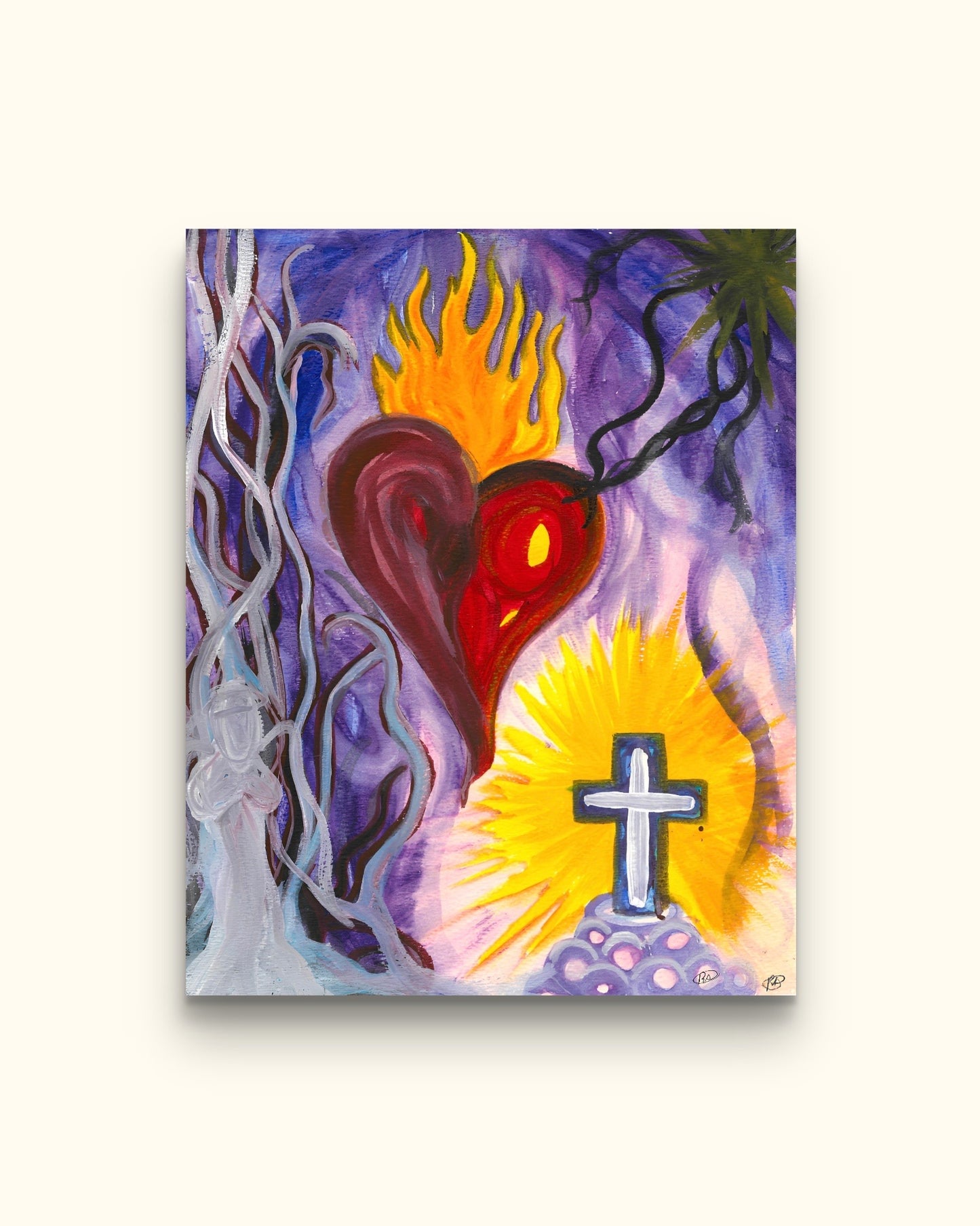 Painting of statue praying and burning heart on beige wall.
