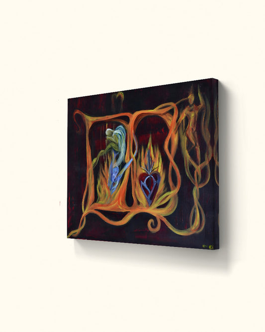 Angled view of orange painting on beige wall.