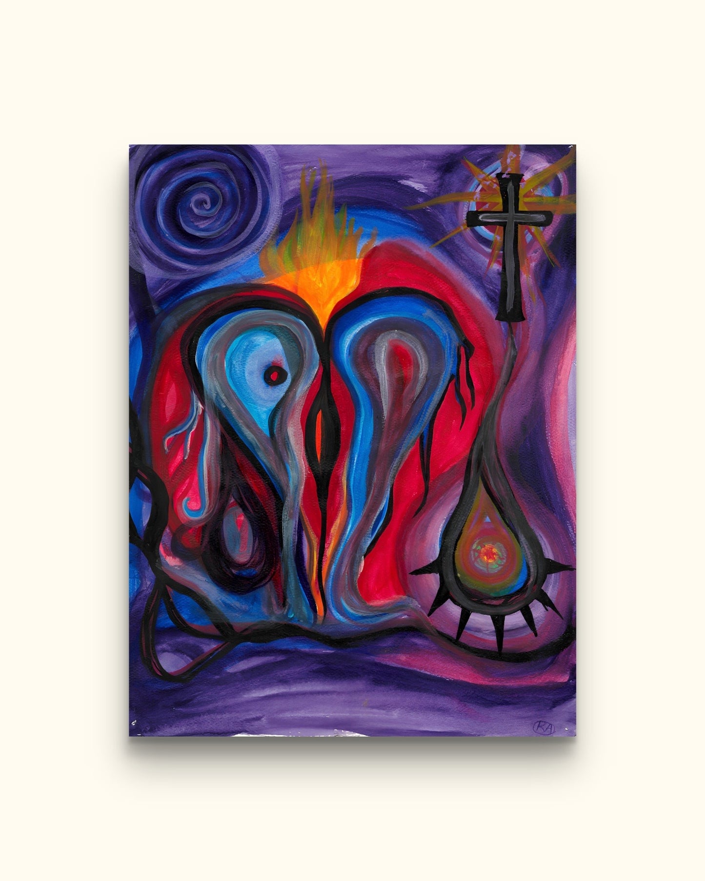 Painting of ice over heart being melted by flames on beige wall.