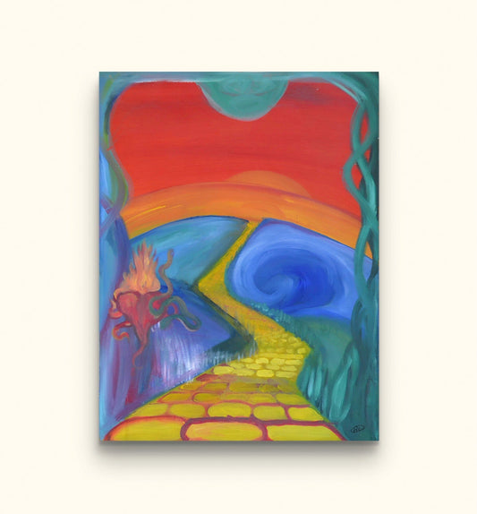 Painting of sunset over ocean horizon and a yellow brick road with a heart.