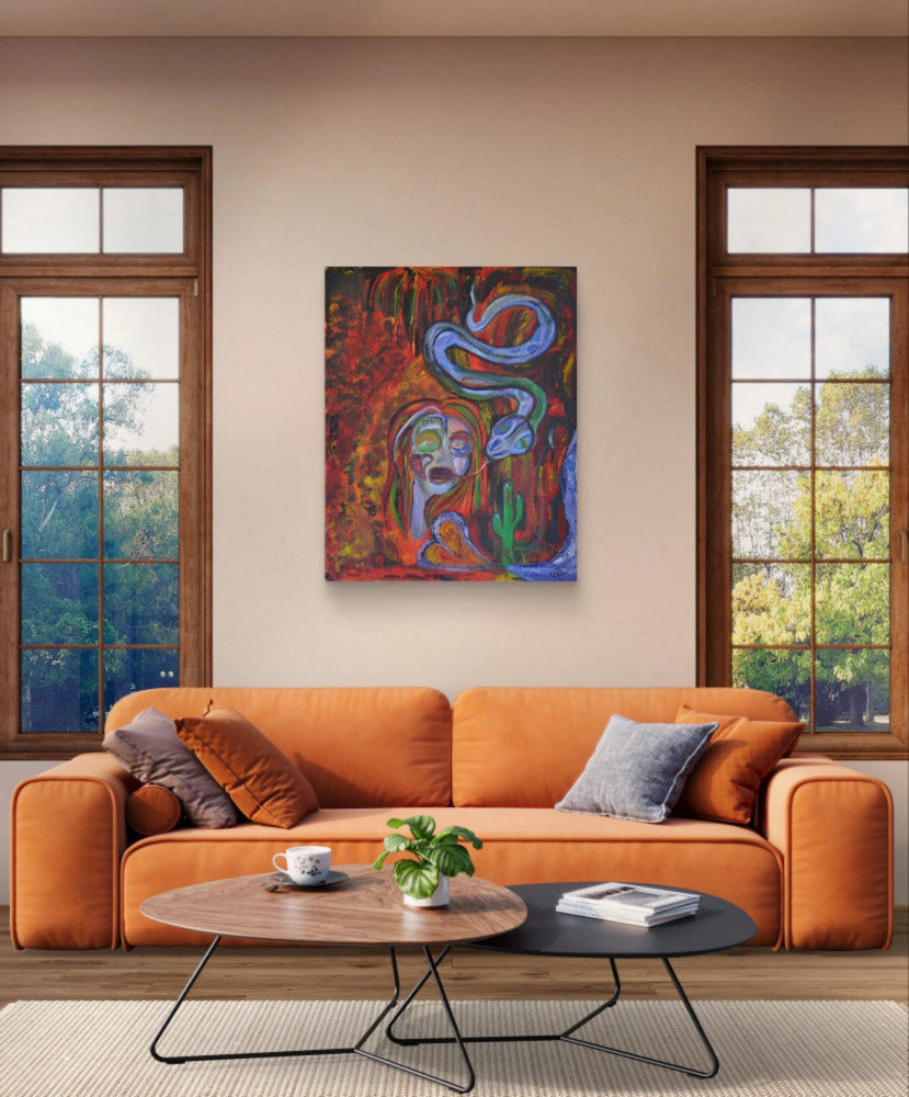 Painting on white wall of living room behind orange couch and wooden table.