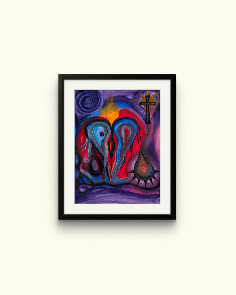 Black framed heart with melting ice painting on beige wall.