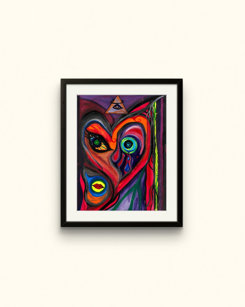 Distorted framed face painting on beige wall.