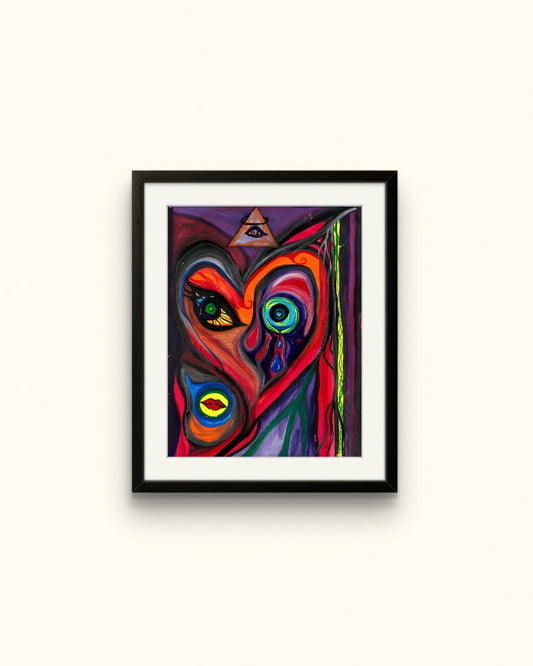 Distorted framed face painting on beige wall.